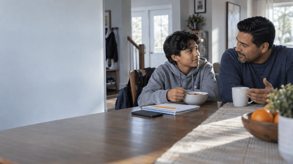 A father and son talk at a kitchen table beside a notebook, smartphone, and backpack before school.