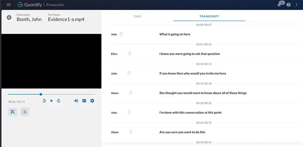 Guardify evidence management software - video and audio transcription with editing