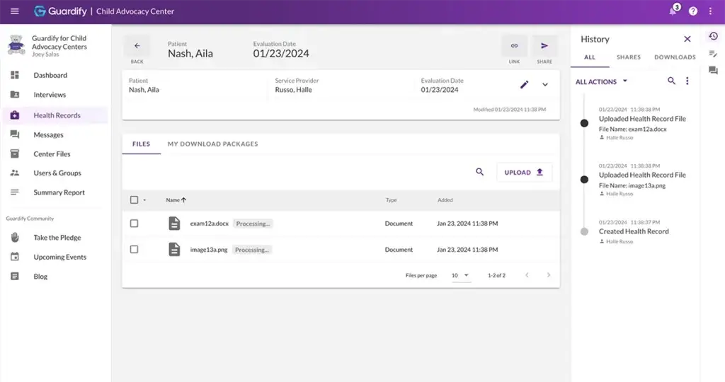 Secure evidence management software dashboard of Guardify for Child Advoacacy Centers