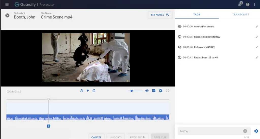 tag, redact, clip, transcribe